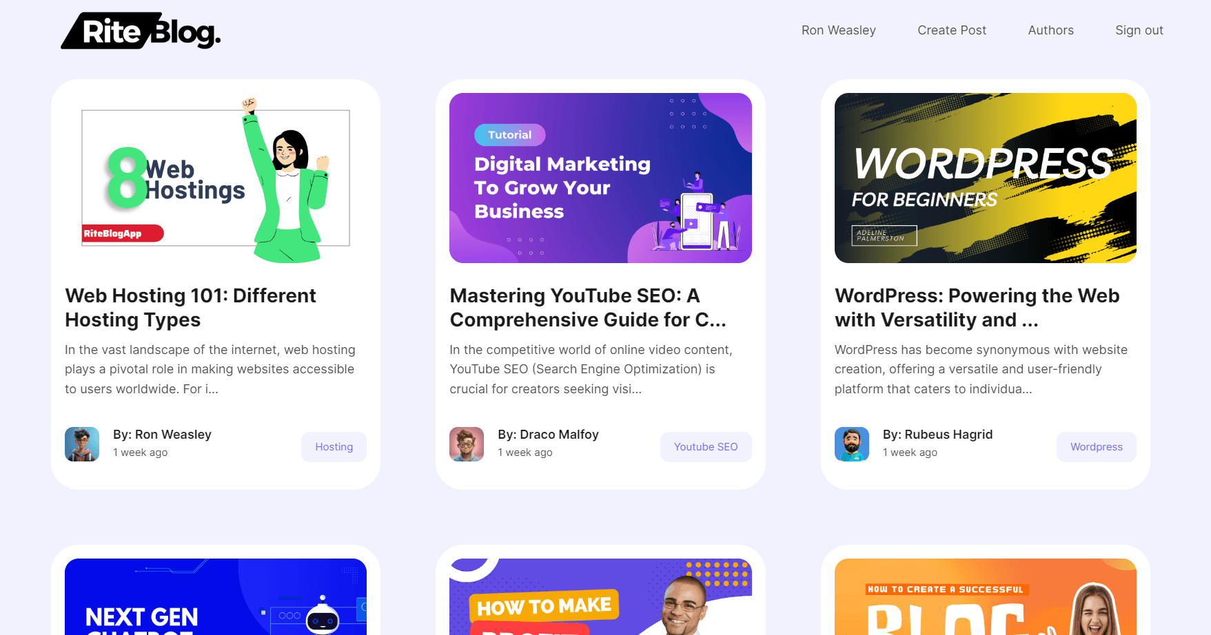 RiteBlog blog application with post listing, authentication, and CRUD functionality