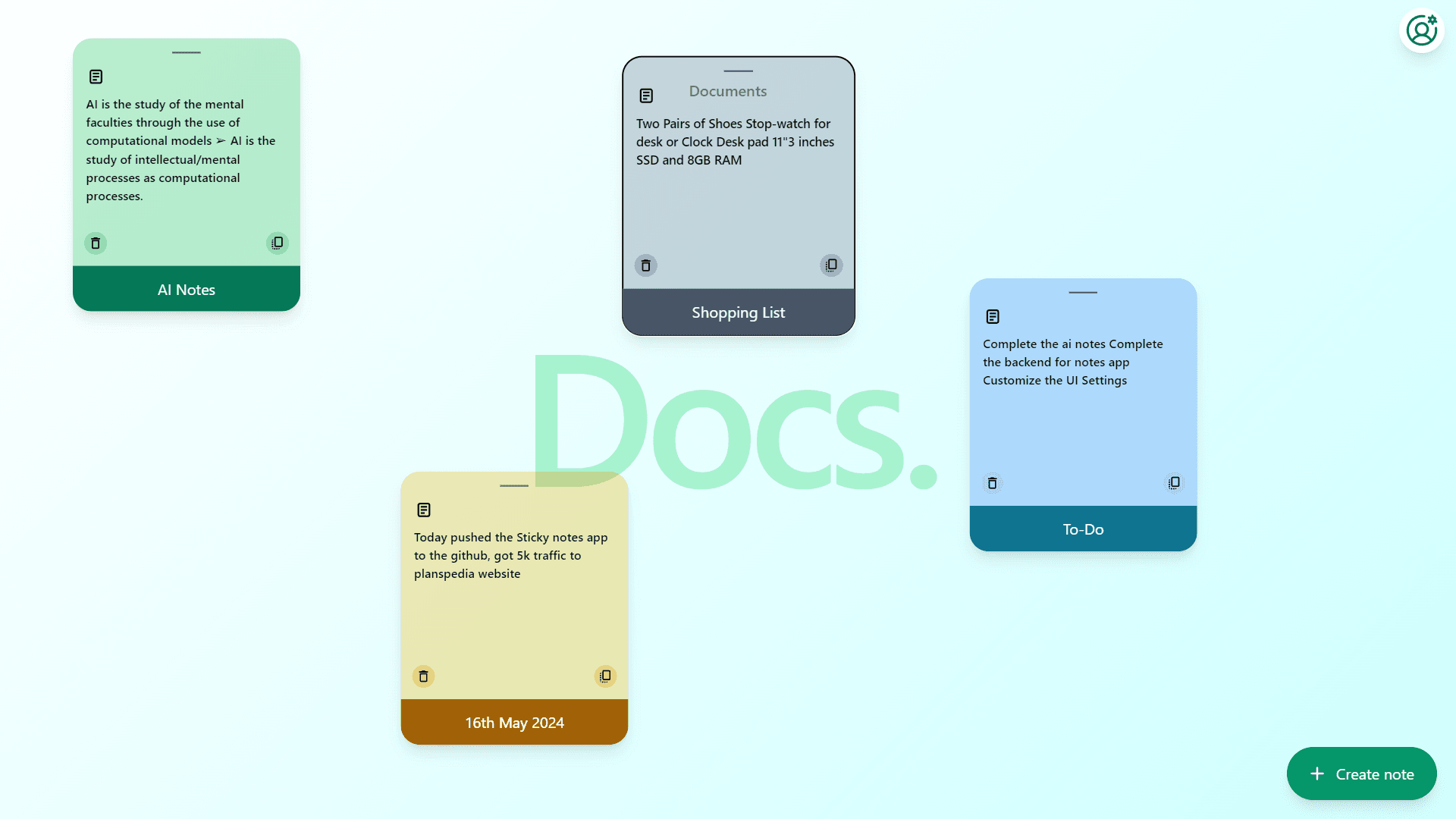 Sticky Docs note-taking app with draggable cards, color categories, and dark theme